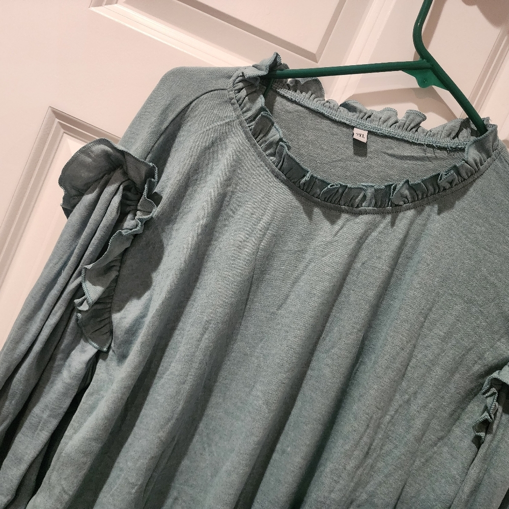 Women's Ruffled Teal Top - Picture 3 of 4